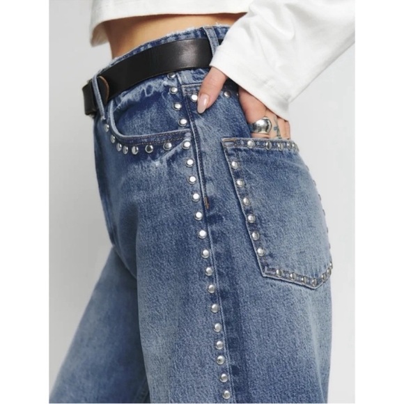 Reformation Denim - Reformation Cary High Rise Slouchy Wide Leg Jeans Studded Denim Chesapeake 30